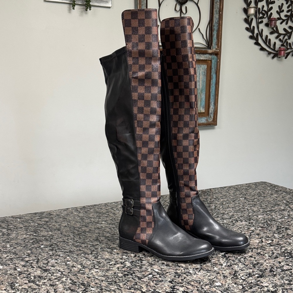 Black and Brown Check Over-the-Knee Boots